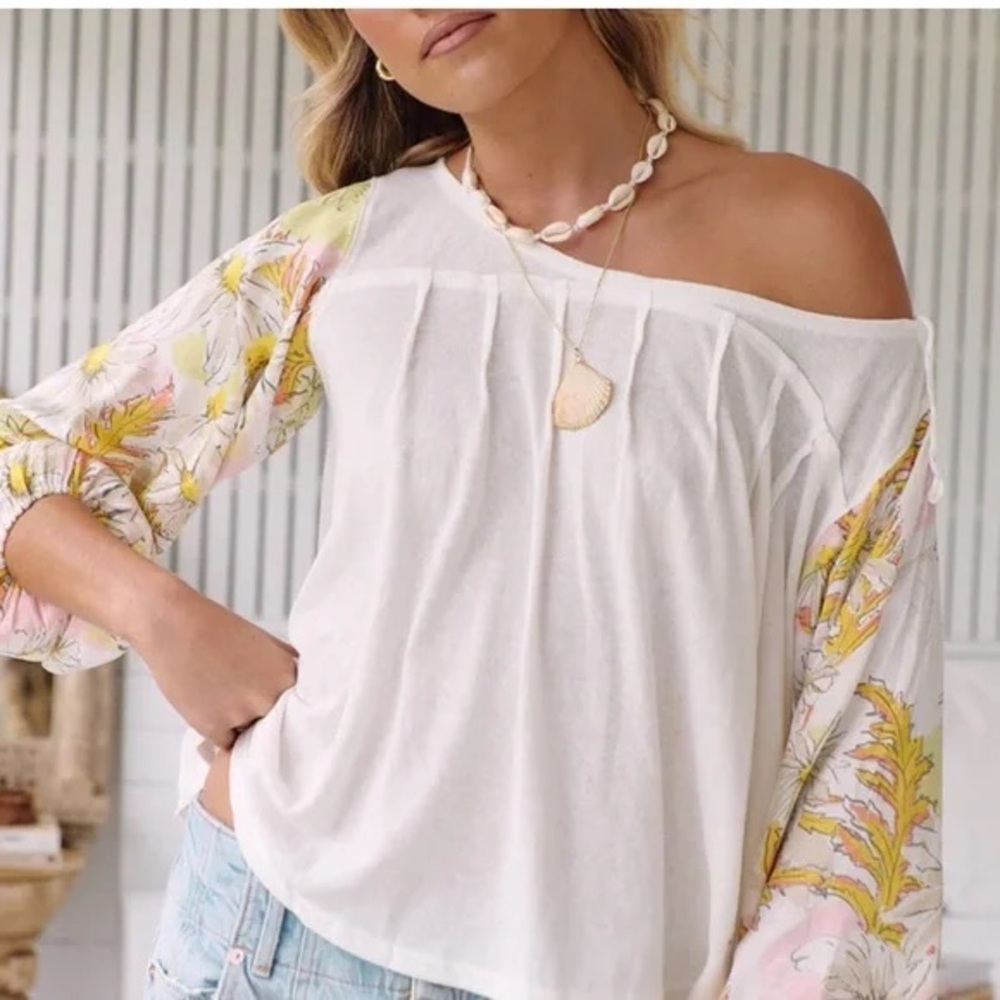 Free people Floral Sleeve White Top